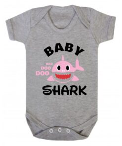 Baby Shark Pink Shark Short Sleeve Baby Vest Ash Grey