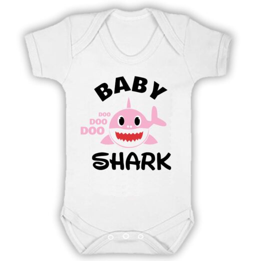 Baby Shark Pink Shark Short Sleeve Baby Vest White