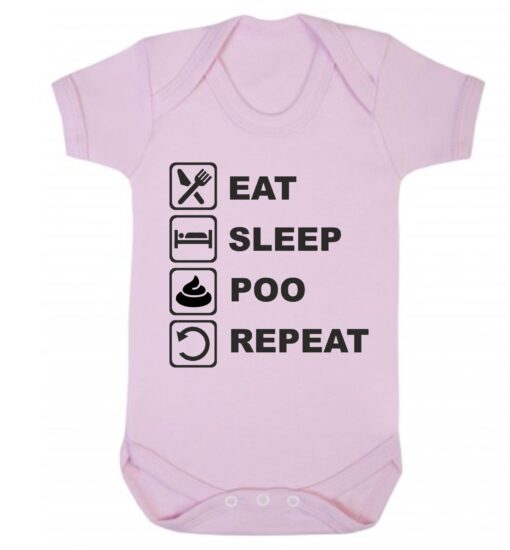 Eat Sleep Poo Repeat Short Sleeve Baby Vest Baby Pink