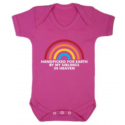 HANDPICKED FOR EARTH BY MY SIBLINGS IN HEAVEN SHORT SLEEVE BABY VEST CERISE
