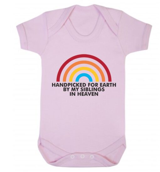 HANDPICKED FOR EARTH BY MY SIBLINGS IN HEAVEN SHORT SLEEVE BABY VEST BABY PINK