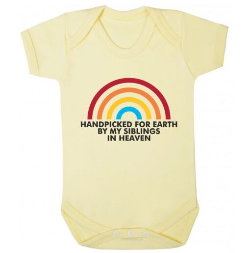 HANDPICKED FOR EARTH BY MY SIBLINGS IN HEAVEN SHORT SLEEVE BABY VEST YELLOW